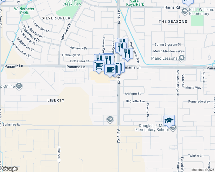 map of restaurants, bars, coffee shops, grocery stores, and more near 6518 Bangor Place in Bakersfield