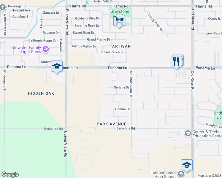 map of restaurants, bars, coffee shops, grocery stores, and more near 10703 Seriana Drive in Bakersfield
