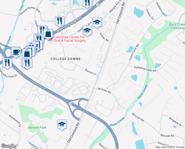 map of restaurants, bars, coffee shops, grocery stores, and more near 1914 Bonnie Lane in Charlotte