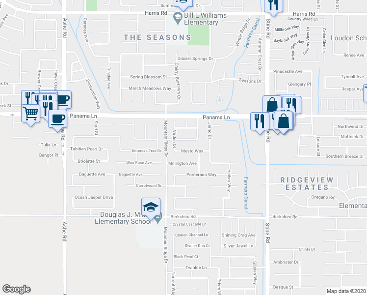map of restaurants, bars, coffee shops, grocery stores, and more near 5508 Mesto Way in Bakersfield