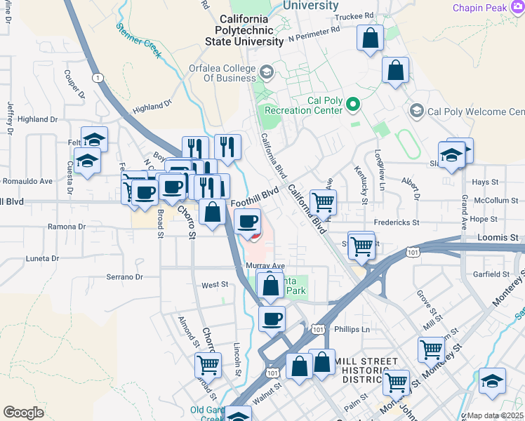 map of restaurants, bars, coffee shops, grocery stores, and more near 35 Casa St in San Luis Obispo