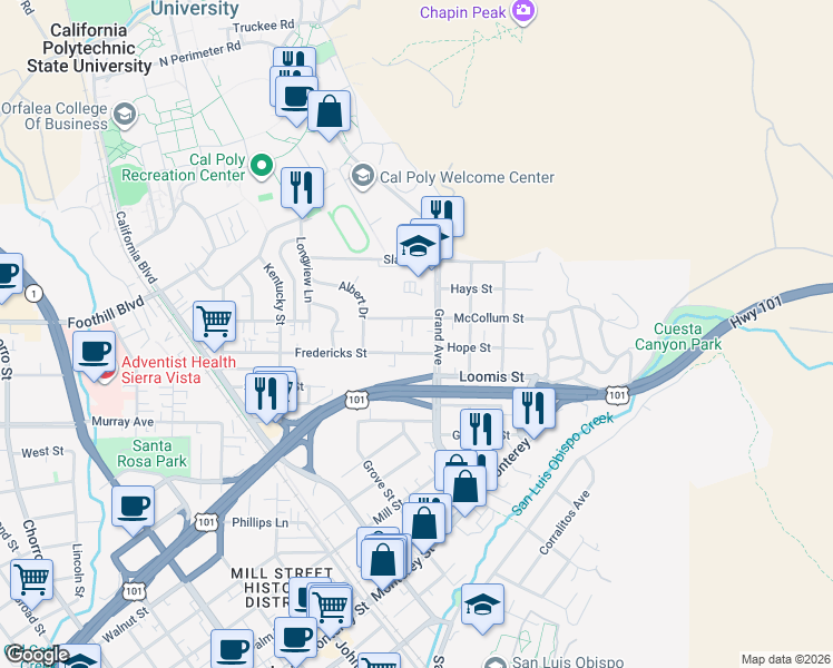 map of restaurants, bars, coffee shops, grocery stores, and more near 397 Grand Avenue in San Luis Obispo
