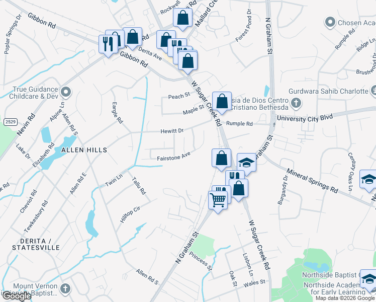 map of restaurants, bars, coffee shops, grocery stores, and more near 2518 Fairstone Avenue in Charlotte