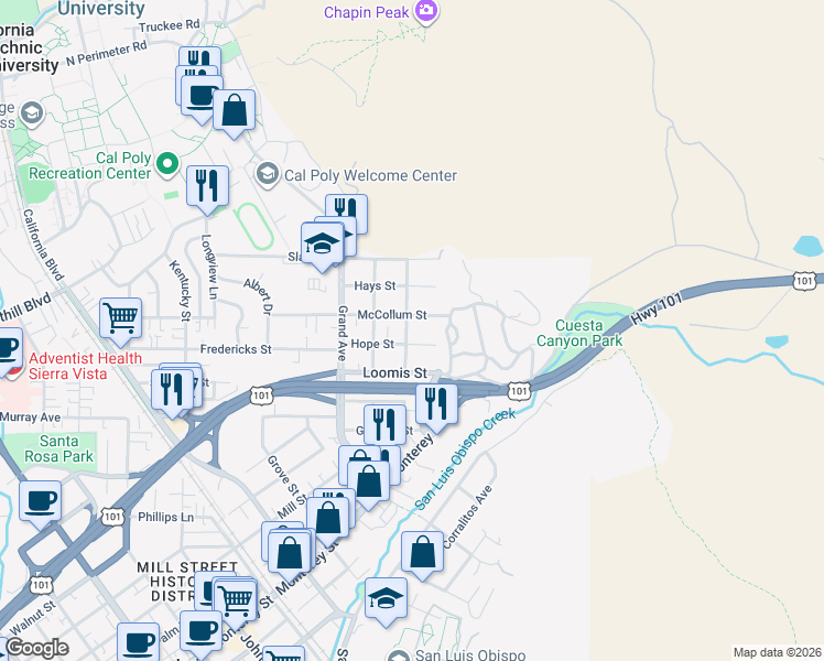 map of restaurants, bars, coffee shops, grocery stores, and more near 1990 Hope Street in San Luis Obispo
