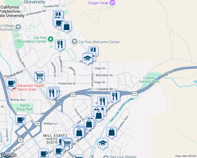 map of restaurants, bars, coffee shops, grocery stores, and more near in San Luis Obispo