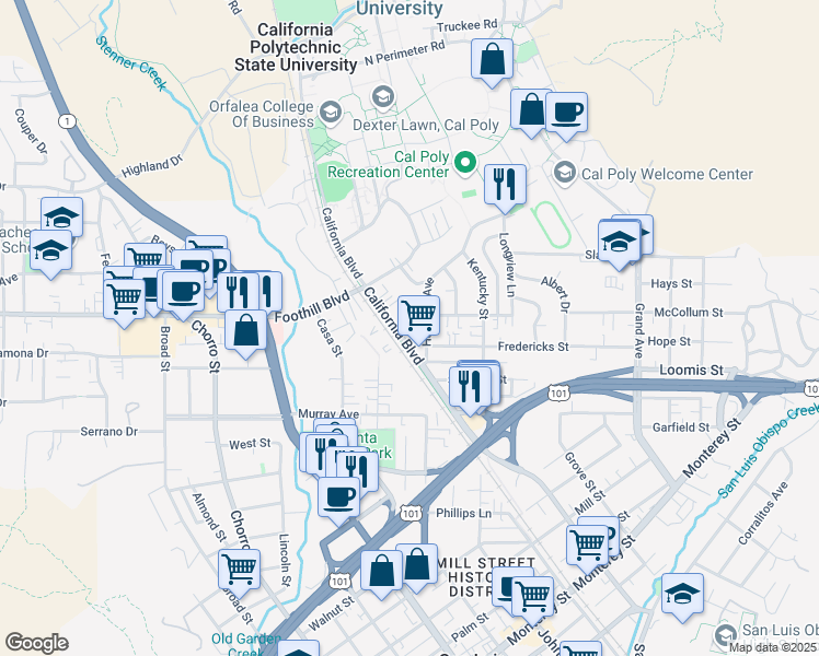 map of restaurants, bars, coffee shops, grocery stores, and more near 350 Hathway Avenue in San Luis Obispo