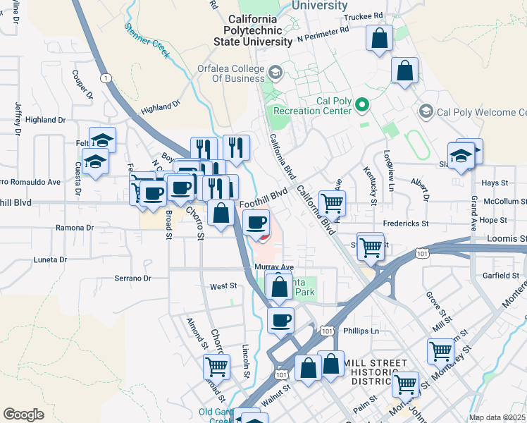 map of restaurants, bars, coffee shops, grocery stores, and more near 21 Casa Street in San Luis Obispo