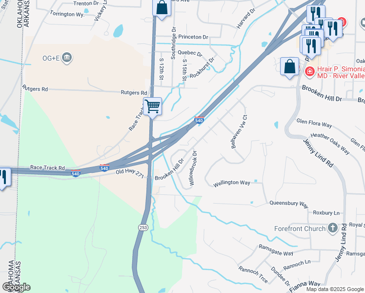 map of restaurants, bars, coffee shops, grocery stores, and more near 1406 Willowbrook Circle in Fort Smith
