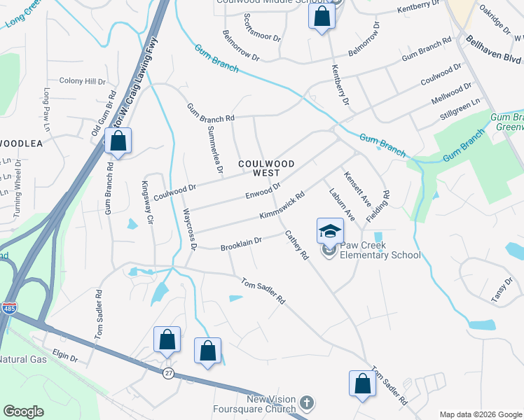 map of restaurants, bars, coffee shops, grocery stores, and more near 414 Kimmswick Road in Charlotte