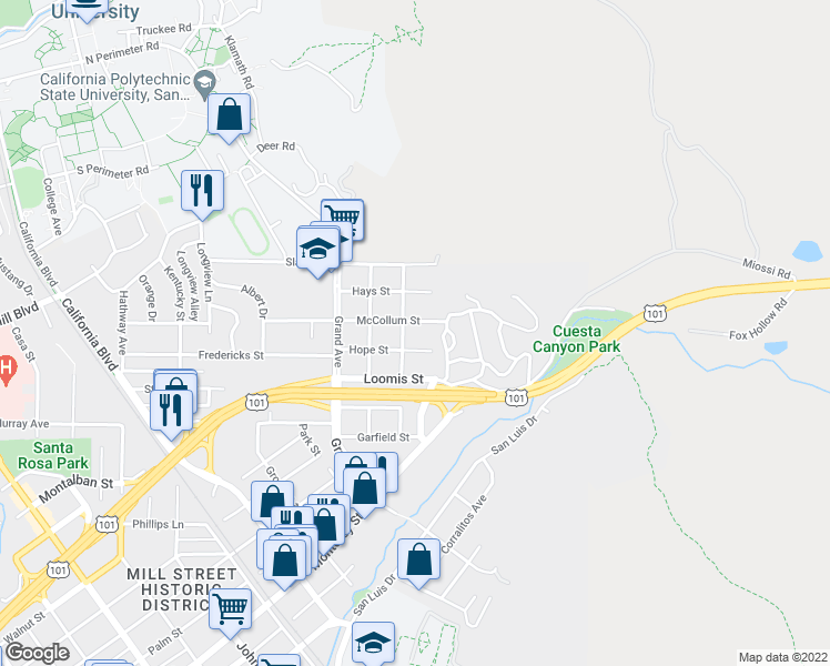 map of restaurants, bars, coffee shops, grocery stores, and more near 2031 McCollum Street in San Luis Obispo