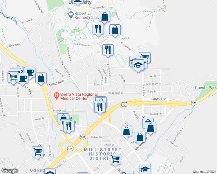 map of restaurants, bars, coffee shops, grocery stores, and more near 1366 Fredericks Street in San Luis Obispo