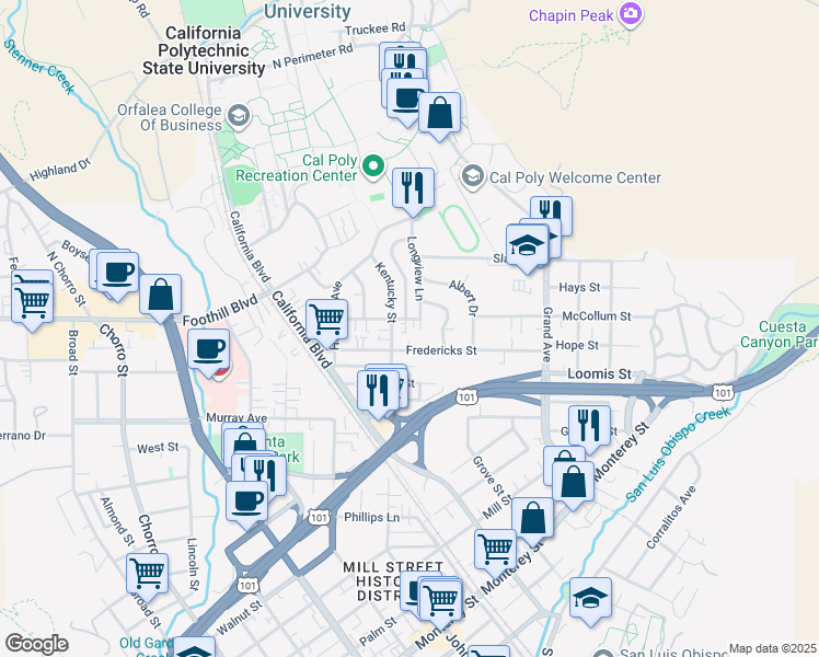 map of restaurants, bars, coffee shops, grocery stores, and more near 1366 Fredericks Street in San Luis Obispo