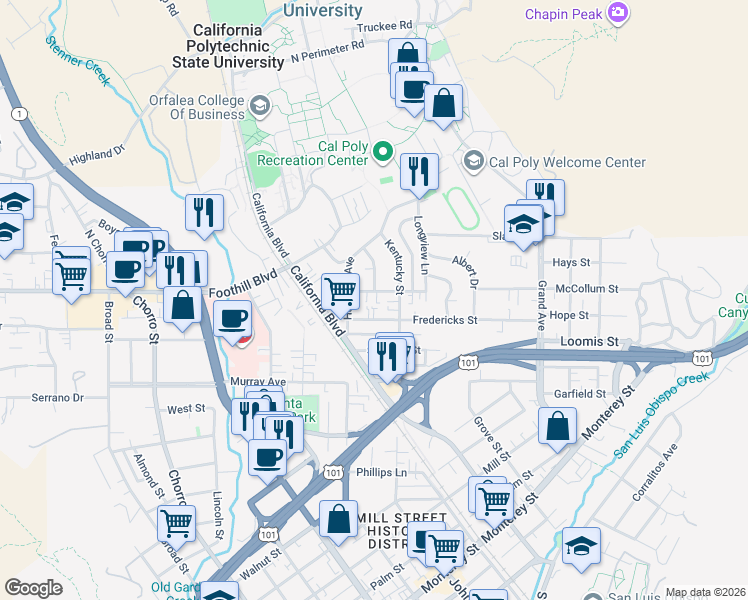 map of restaurants, bars, coffee shops, grocery stores, and more near 1270 Fredericks Street in San Luis Obispo