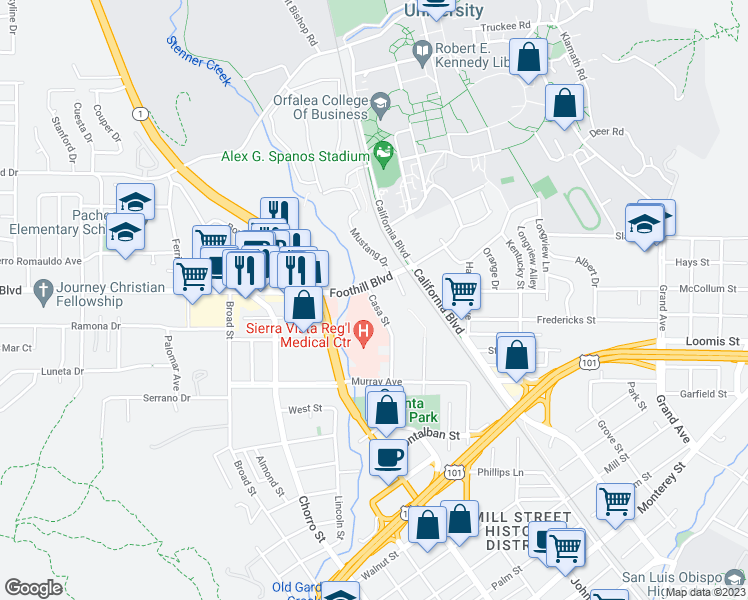 map of restaurants, bars, coffee shops, grocery stores, and more near 21 Casa Street in San Luis Obispo