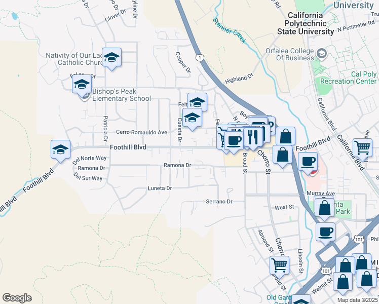 map of restaurants, bars, coffee shops, grocery stores, and more near 9 Verde Drive in San Luis Obispo