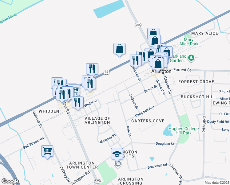 map of restaurants, bars, coffee shops, grocery stores, and more near 6135 North Ragland Cove in Arlington