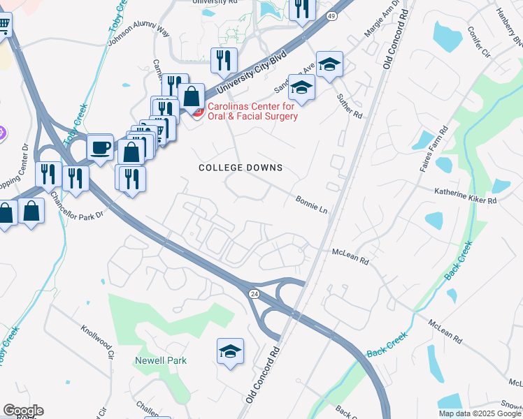 map of restaurants, bars, coffee shops, grocery stores, and more near 9144 Joyce Kilmer Drive in Charlotte