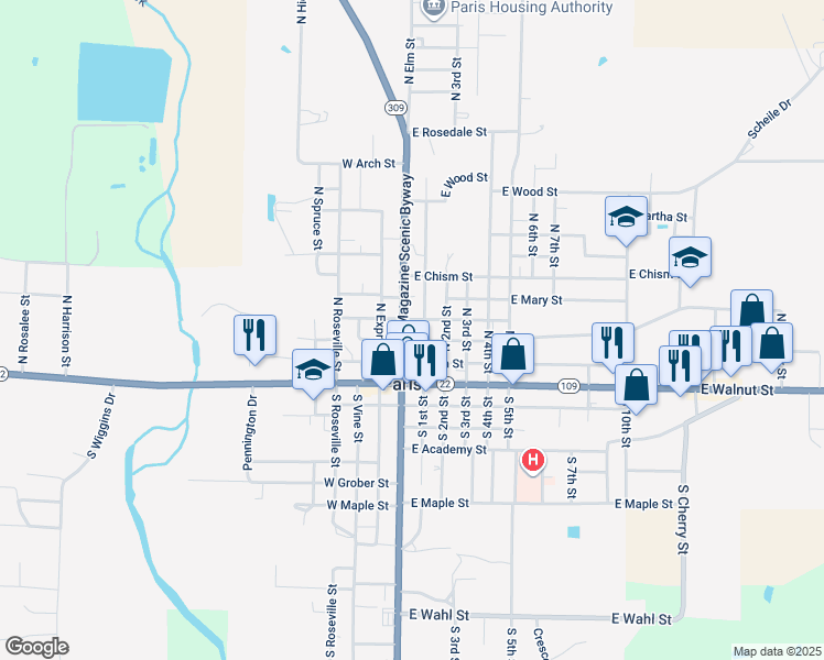 map of restaurants, bars, coffee shops, grocery stores, and more near 205 North Elm Street in Paris