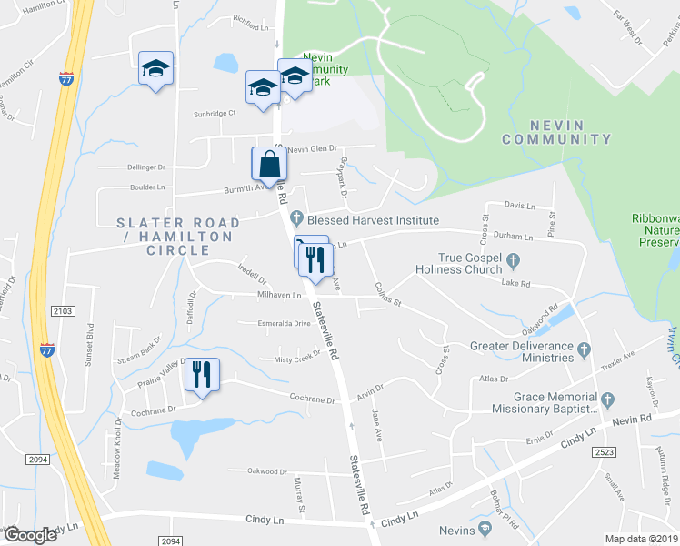 map of restaurants, bars, coffee shops, grocery stores, and more near 5424 Datha Avenue in Charlotte