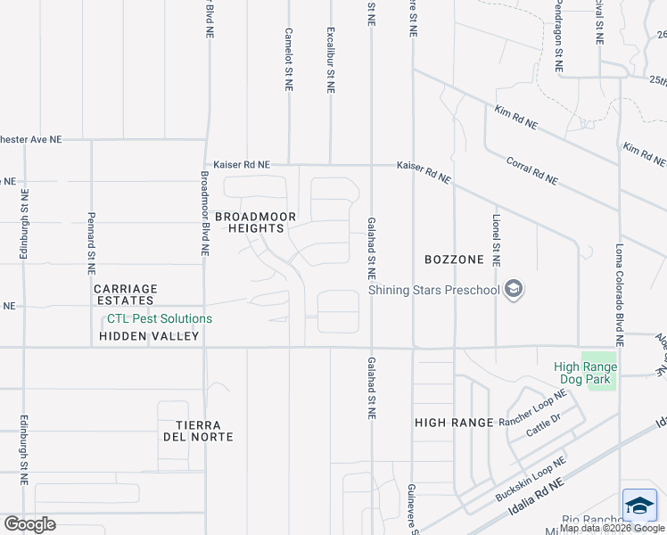 map of restaurants, bars, coffee shops, grocery stores, and more near 2119 Galahad Street Northeast in Rio Rancho