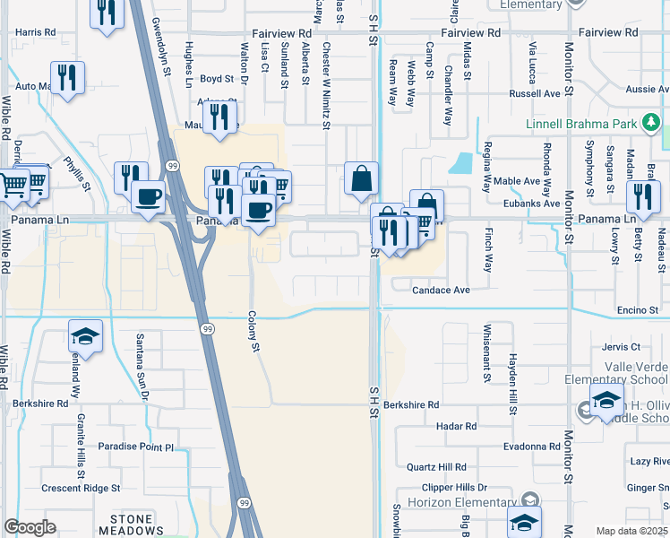 map of restaurants, bars, coffee shops, grocery stores, and more near 1900 Magdelena Avenue in Bakersfield