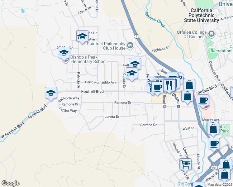 map of restaurants, bars, coffee shops, grocery stores, and more near 12 South Tassajara Drive in San Luis Obispo