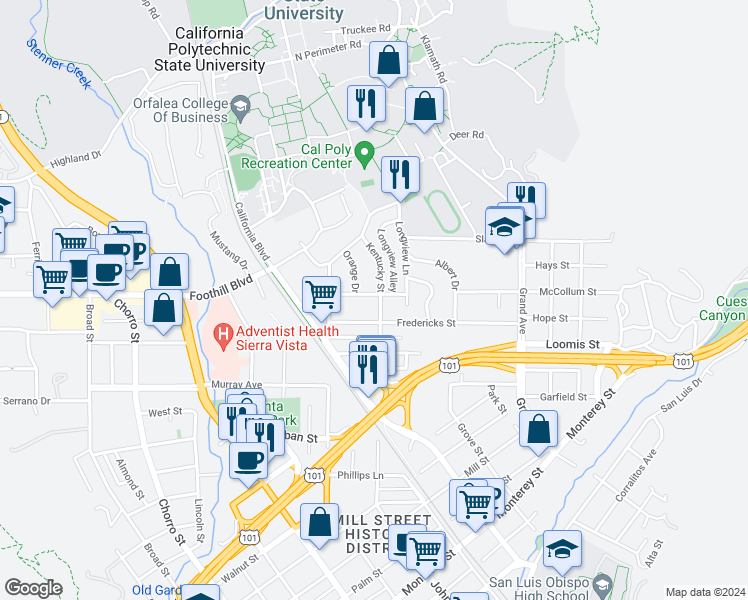map of restaurants, bars, coffee shops, grocery stores, and more near 1270 Fredericks Street in San Luis Obispo