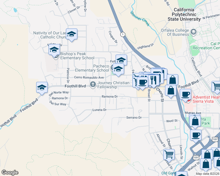 map of restaurants, bars, coffee shops, grocery stores, and more near 12 South Tassajara Drive in San Luis Obispo