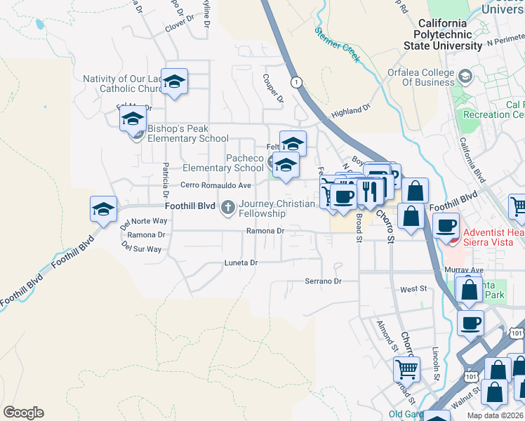 map of restaurants, bars, coffee shops, grocery stores, and more near 12 South Tassajara Drive in San Luis Obispo
