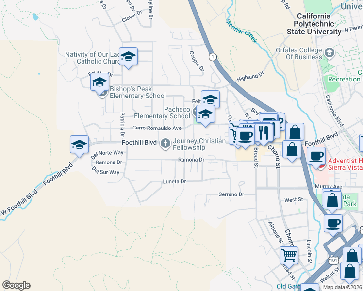 map of restaurants, bars, coffee shops, grocery stores, and more near 12 South Tassajara Drive in San Luis Obispo