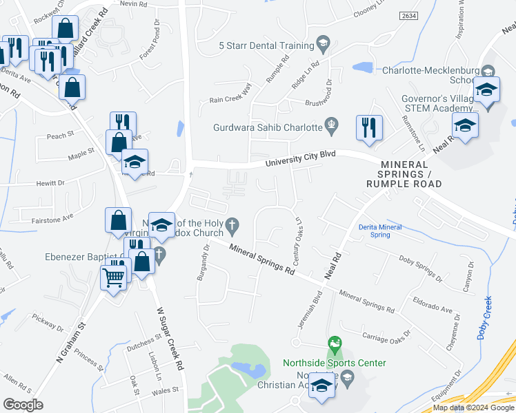 map of restaurants, bars, coffee shops, grocery stores, and more near 2330 Century Oaks Lane in Charlotte