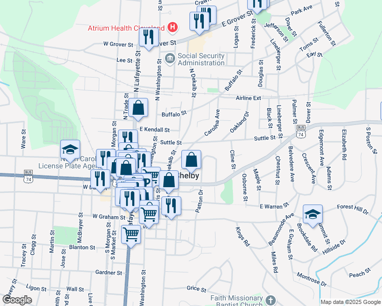 map of restaurants, bars, coffee shops, grocery stores, and more near 308 Palm Street in Shelby