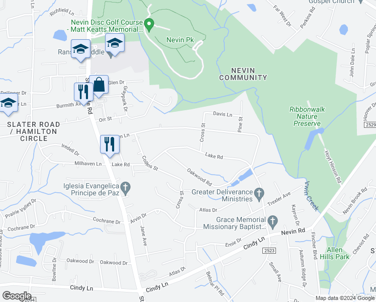 map of restaurants, bars, coffee shops, grocery stores, and more near 3710 Lake Road in Charlotte