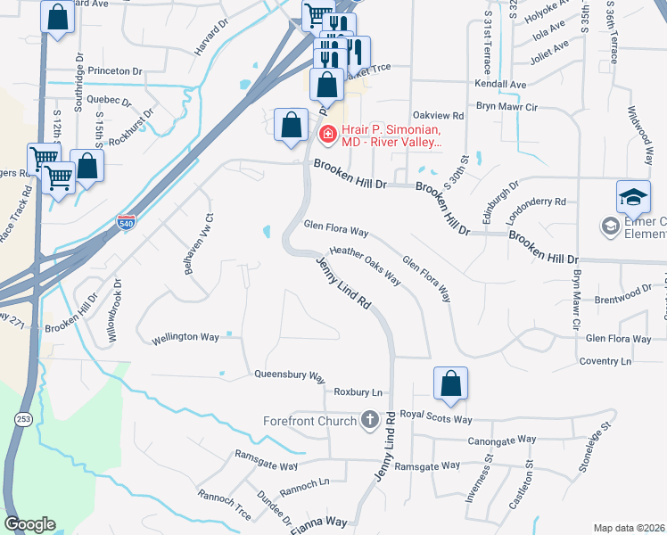 map of restaurants, bars, coffee shops, grocery stores, and more near 9625 Jenny Lind Road in Fort Smith