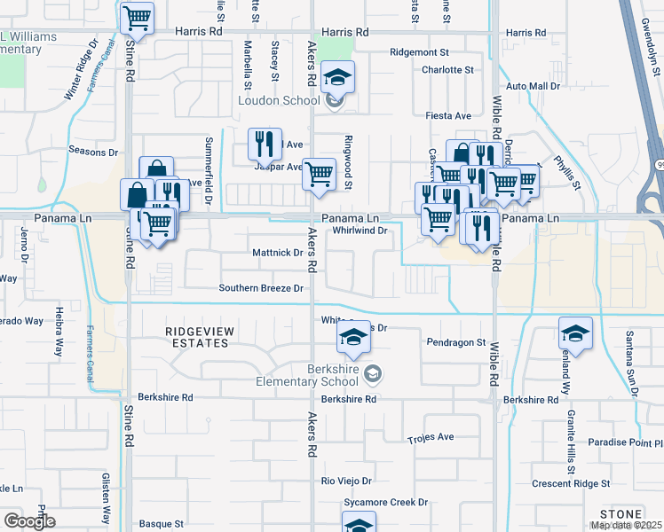 map of restaurants, bars, coffee shops, grocery stores, and more near 6612 Windpiper Lane in Bakersfield