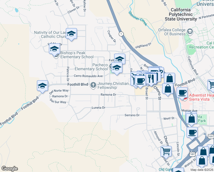 map of restaurants, bars, coffee shops, grocery stores, and more near 12 South Tassajara Drive in San Luis Obispo