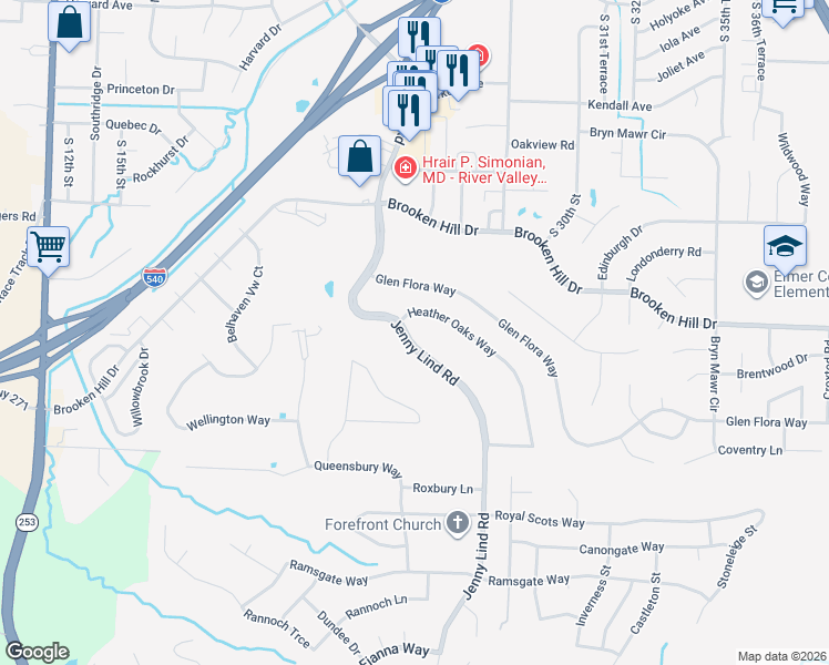 map of restaurants, bars, coffee shops, grocery stores, and more near 9625 Jenny Lind Road in Fort Smith