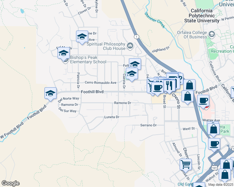 map of restaurants, bars, coffee shops, grocery stores, and more near 12 South Tassajara Drive in San Luis Obispo