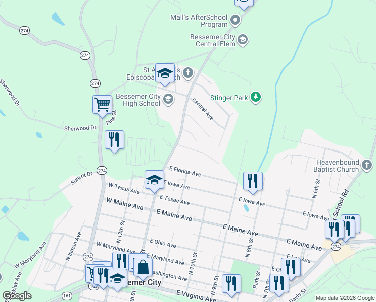 map of restaurants, bars, coffee shops, grocery stores, and more near 112 Sunset Lane in Bessemer City