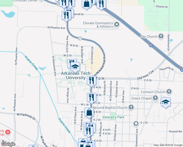 map of restaurants, bars, coffee shops, grocery stores, and more near in Russellville