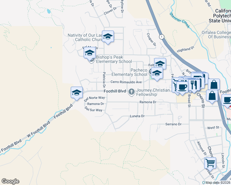 map of restaurants, bars, coffee shops, grocery stores, and more near 237 Foothill Boulevard in San Luis Obispo