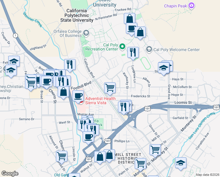 map of restaurants, bars, coffee shops, grocery stores, and more near 305 Hathway Avenue in San Luis Obispo