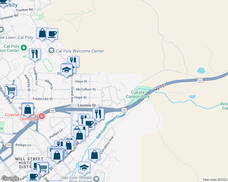 map of restaurants, bars, coffee shops, grocery stores, and more near 384 Santa Maria Avenue in San Luis Obispo