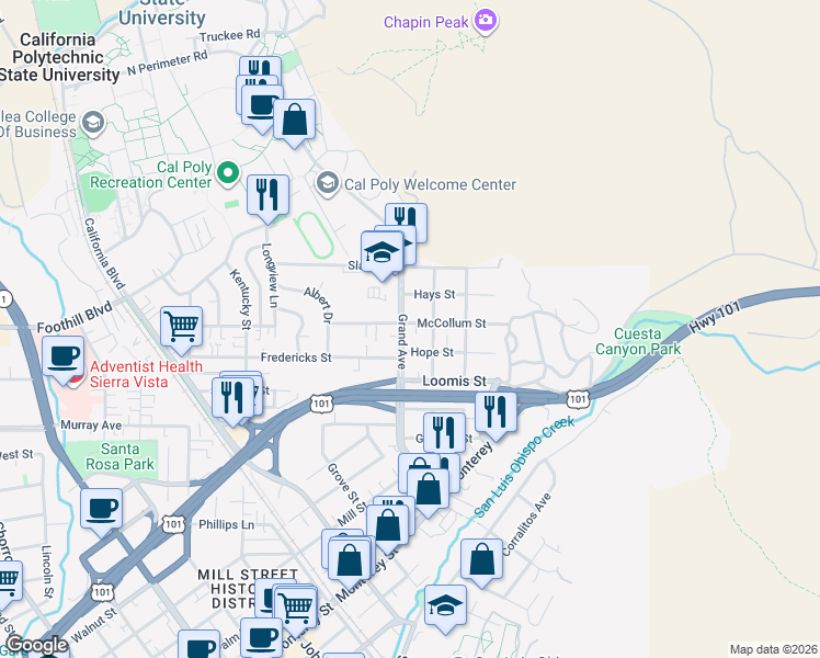 map of restaurants, bars, coffee shops, grocery stores, and more near in San Luis Obispo