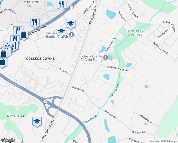 map of restaurants, bars, coffee shops, grocery stores, and more near 9324 Amy Drive in Charlotte