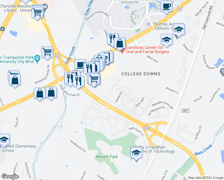 map of restaurants, bars, coffee shops, grocery stores, and more near 9016 Meadow Vista Road in Charlotte