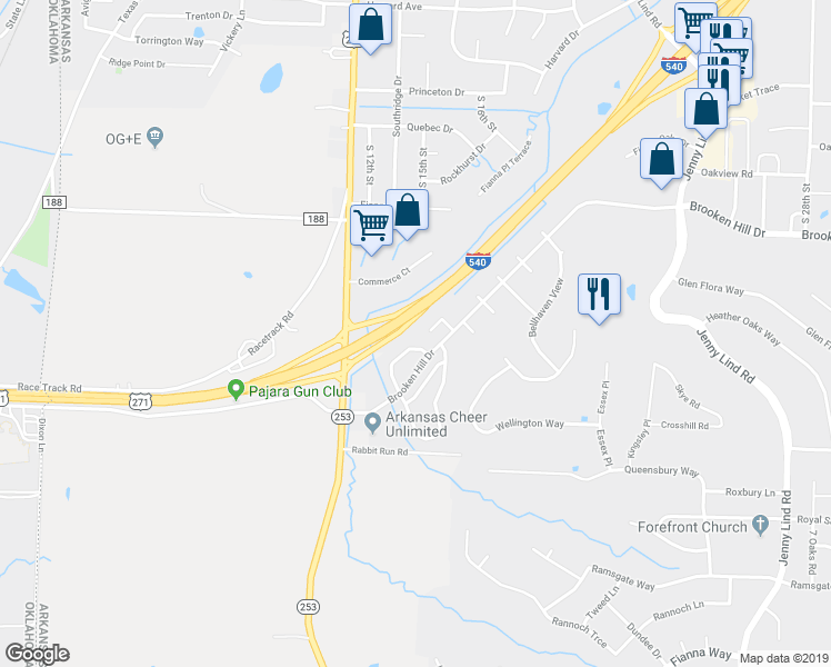 map of restaurants, bars, coffee shops, grocery stores, and more near 147 Perth Court in Fort Smith
