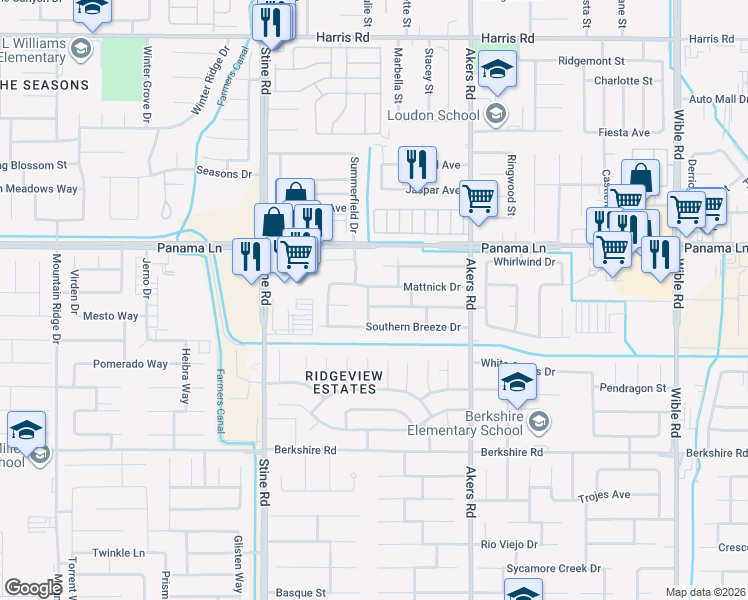 map of restaurants, bars, coffee shops, grocery stores, and more near 4412 Cyclone Drive in Bakersfield