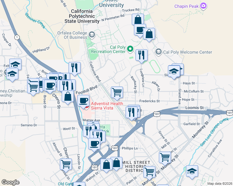 map of restaurants, bars, coffee shops, grocery stores, and more near 305 Hathway Avenue in San Luis Obispo