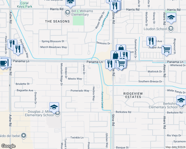 map of restaurants, bars, coffee shops, grocery stores, and more near 5201 Gasol Court in Bakersfield